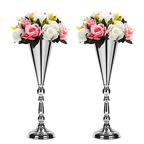 Set of 2 Tabletop Metal Wedding Flower Trumpet Vase Wedding Centerpiece Flower Vase for Wedding Event Decoration Living Decor Party Decor (Silver, 2×L)