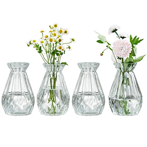Set of 4 Clear Glass Diamond-Faceted Flower Vases