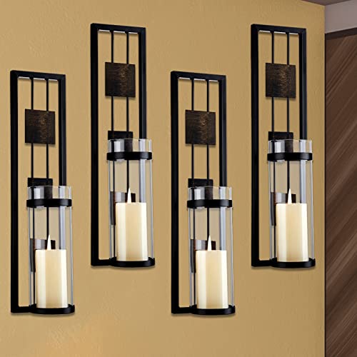 Set of 4 Wall Sconce Candle Holder Living Room Wall Decor Rustic Home Decorations for Living Room Wall Candle Set Metal Sconces for Wall Decorative Wall Candles Metal Wall Decorations (Square)