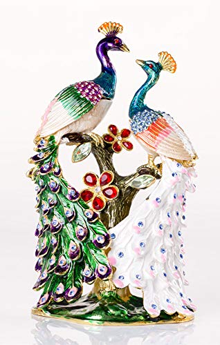 SEVENBEES Peacocks Figurine Enamel Hinged Jewelry Trinket Box