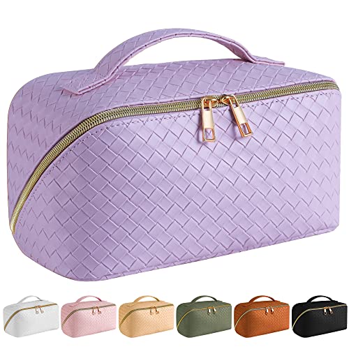 SFXULIX Large Capacity Travel Cosmetic Bag - PU Leather Waterproof, Women Portable Travel Makeup Bag With Handle and Divider Flat Lay Makeup Organizer