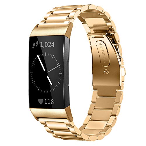 SHANGPULE Compatible with Fitbit Charge 3 / Fitbit Charge 4 / Fitbit Charge 3 SE Bands for Men Women, Waterproof, Comfortable, Stainless Steel Metal Replacement Strap WristBand Large Small(Gold)