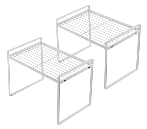 Shantton 2pk Kitchen Cabinet Shelf Counter Organizer Rack Pantry Storage Bathroom Bedroom Office Table Desk Space Saving Steel Frame Stackable Rust Resistant Non Slip White-Tall- L13in W8.3in H9.5in