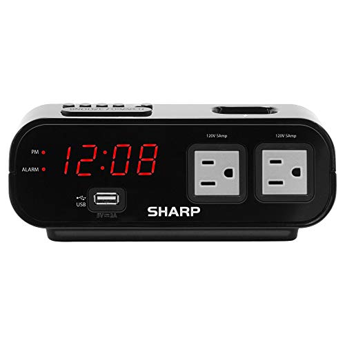 SHARP Digital Alarm Clock with 2X Power Outlets with Surge Protect and Rapid Charge USB Port - Grey Outlets