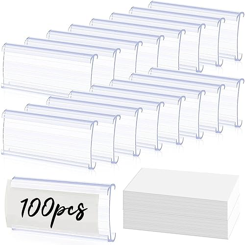Shelf Label Holder 100 Pcs, Basket Labels Clip On, Shelf Labels for Storage Bins Labels, Wire Shelf Clips with Label Paper Inserts, Merchandise Sign Display Holder, Compatible with 1-1/4 Inch Shelve