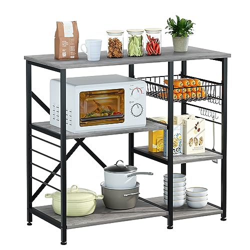 Shintenchi Kitchen Baker’s Rack, Coffee Bar Table Organizer, Microwave Oven Stand, with Steel Frame, Wire Basket, 6 Hooks, Grey