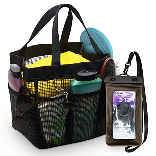 Shower Caddy Coated Mesh XLarge Tote Bag Includes 8 Pockets Waterproof Phone Pouch Gym Dorm Travel Quick Dry (Solid Black)