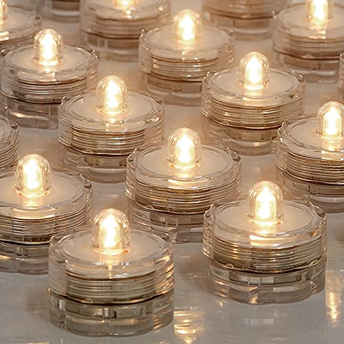 SHYMERY Submersible LED Lights,24 Pack Flameless Underwater Tea Lights,Battery Powered Small Bright Waterproof Tea Lights Candles for Vases, Fountain, Pool,Wedding Centerpieces,Party(Warm White)