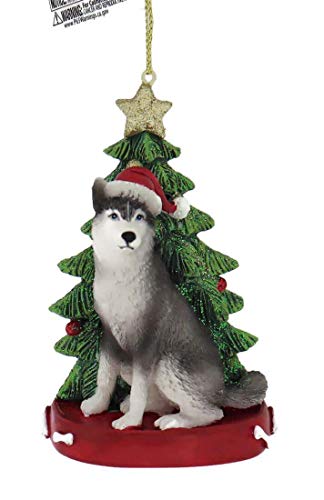 Siberian Husky Dog Wearing Santa Hat with Christmas Tree Ornament E0369HU New
