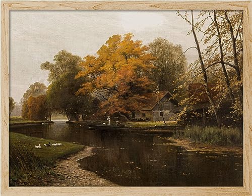 SIGNWIN Framed Autumn Fall Forest River Landscape Wall Art, Nature Wilderness Illustrations Wall Decor Prints, Antique Vintage Botanical Wall Décor for Living Room, Bedroom