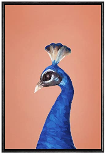 SIGNWIN Framed Canvas Print Wall Art Preppy Room Decor Vibrant Blue Sapphire Peacock Bird Portrait Nature Wilderness Drawings Chic Animals Colorful for Living Room, Bedroom, Office - 16x24 Black