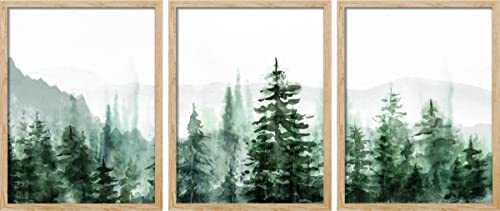 SIGNWIN Framed Mountain Forest Wall Art, Set of 3 Watercolor Pine Tree Wall Decor Prints, Nature Wilderness Wall Décor for Living Room, Bedroom - 12"x16" Natural
