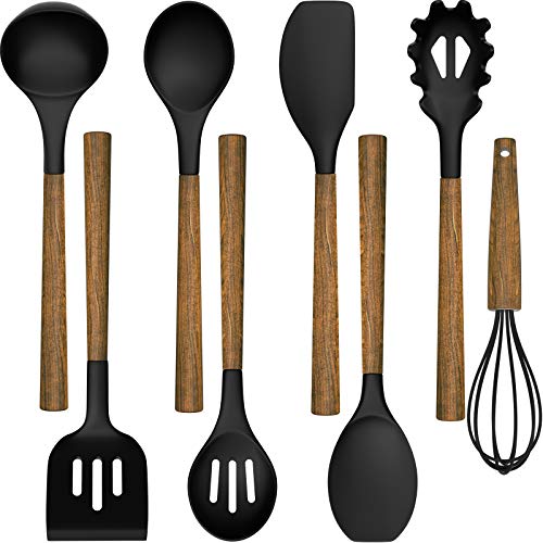 Silicone Cooking Utensil Set, Umite Chef 8-Piece Kitchen Utensils Set with Natural Acacia Wooden Handles,Food-Grade Silicone Heads-Silicone Kitchen Gadgets Spatulas Set for Nonstick Cookware- Black