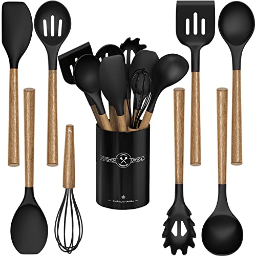 Silicone Kitchen Utensil Set with Wooden Handle