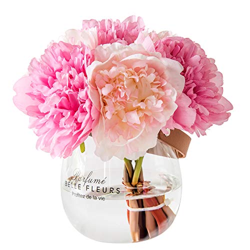 Silk Peony Flowers in Glass Vase