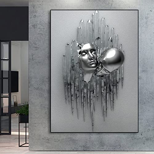 Silver Metal Painting Couple Hugging Wall Art