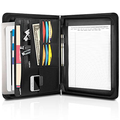 SIMBOOM Zippered Leather Padfolio Organizer, Multifunctional Business Portfolio Folder with Zipper, Card Holders Pockets, Notepad Executive File Document Binder for Women Men (Black)