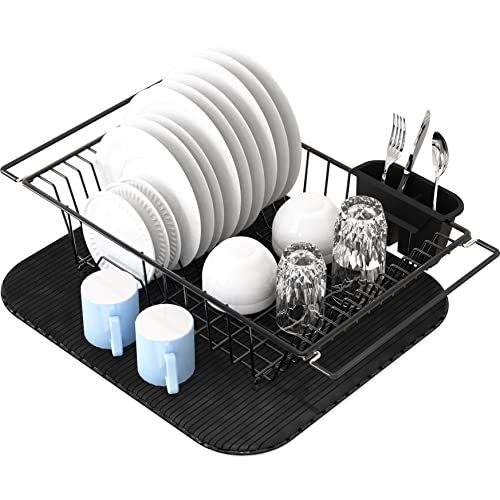 Simple Houseware Large Dish Drainer Drying Rack with Drying Mat and Utensil Holder