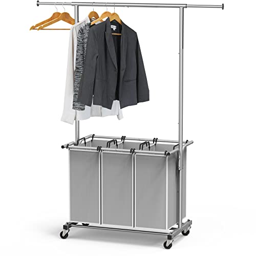 SimpleHouseware Laundry Sorter Rolling Cart w/ Garment Rack