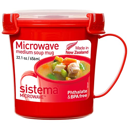 Sistema Microwave Soup Mug with Lid and Steam Release Vent, Dishwasher Safe, 22.1-Ounce, Red