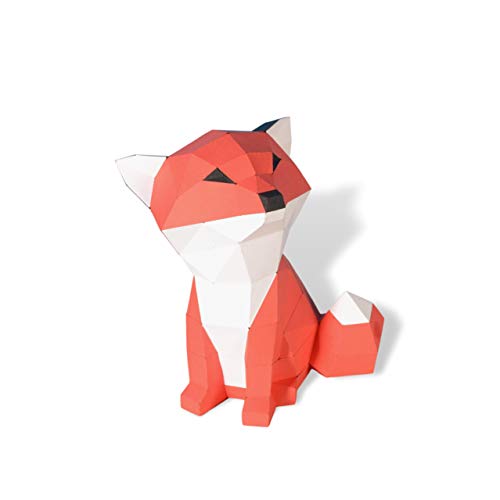 Sitting Fox Paper Sculpture,Pre-cut DIY Papercraft Kit,Handmade Animal Figurine,Orange Color,Low Poly Home Decor,All Accessories Included