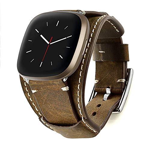 Sjiangqiao Compatible with Fitbit Sense/Sense 2/Versa 3/Versa 4 3 Bands Genuine Leather Cuff Band Replacement Strap with Stainless Steel Clasp Compatible for Fitbit Versa 3 Sense Accessories for Men Women(Coffee)
