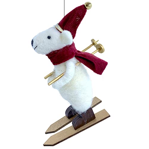 Skiing Polar Bear Ornament - Wool Bear with Skis Decoration for Christmas Tree