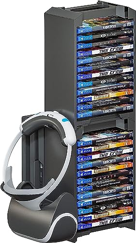 Skywin DVD Shelf - VR Headset & PS4 Game Holder Video Game Organizer - 24 CD Game Disk Tower, VR/Headset Hanger, and Vertical Stand for PSVR