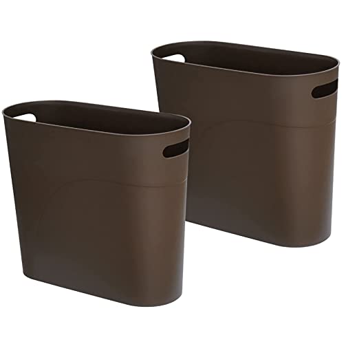 Slim Plastic Trash Can with Handle - 2 Pack (Brown)