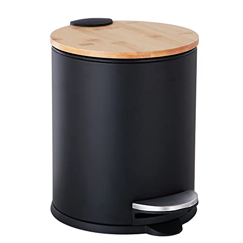 Small Bathroom Trash Can with Bamboo Lid Soft Close and Foot Pedal