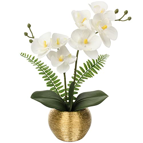 Small Fake Orchid Faux Flowers in Gold Ceramic Vase