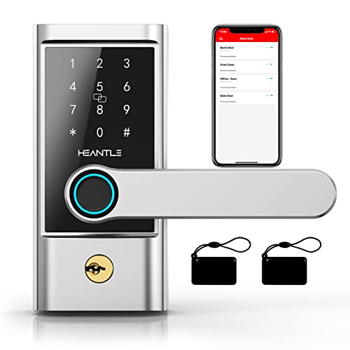 Smart Lock Keyless Entry Door Locks - HEANTLE Fingerprint Bluetooth Electronic Lever Touchscreen Keypad Deadbolt Alternative Digital Handle for Front Door Auto Lock Works with Alexa Google Home Silver