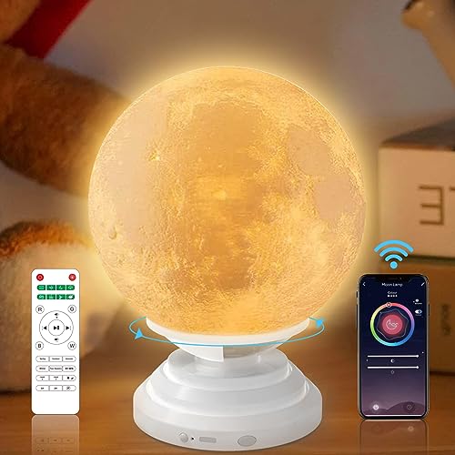 Smart Moon Lamp, Upgrade Rotating Moon Light with Stand, Night Light with White Noise and Bluetooth Speaker, USB Rechargeable, Remote & Phone Control for Gifts