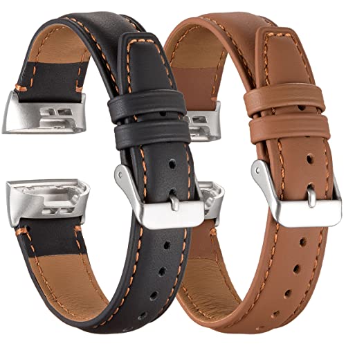 Snowoxen Compatible with Fitbit Charge 4 Bands/fitbit Charge 3 Bands 2 Pack, for Women Men Leather Quick Release Replacement Watch Band(Black+Brown)