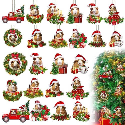 Soaoo 48 Pieces Christmas Tree Ornament Set Cute Guinea Pig Ornaments for Tree Outdoor Hanging Christmas Ornaments Xmas Decor Tree Hanging Wooden Holiday Decoration