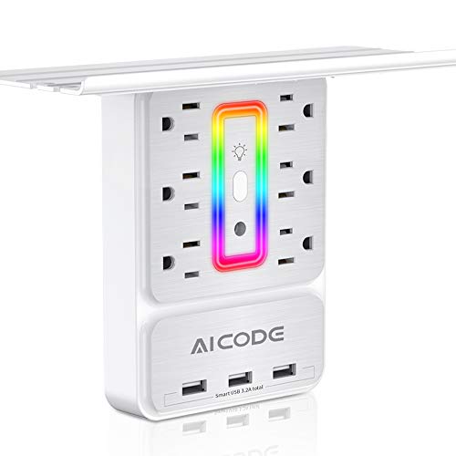 Socket Outlet Shelf,Wall Outlet,6 Electrical Outlet Splitter with 3 USB Power Outlet,Surge Outlet Protector Multi Plug Outlet,Charging Shelf,Outlet Expander with 6 RGB Light for Home