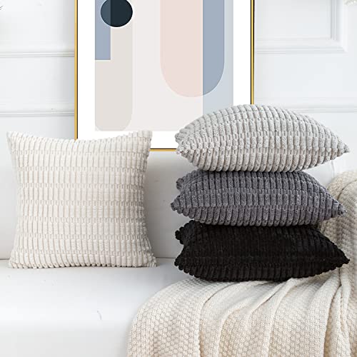 Softalker Corduroy Throw Pillow Covers 16 x 16, Set of 4, Soft Striped Farmhouse Boho Pillow Cover, Modern Decorative Cushion Pillow Case for Couch Sofa Bedroom Living Room (No Inserts), Grey/Black