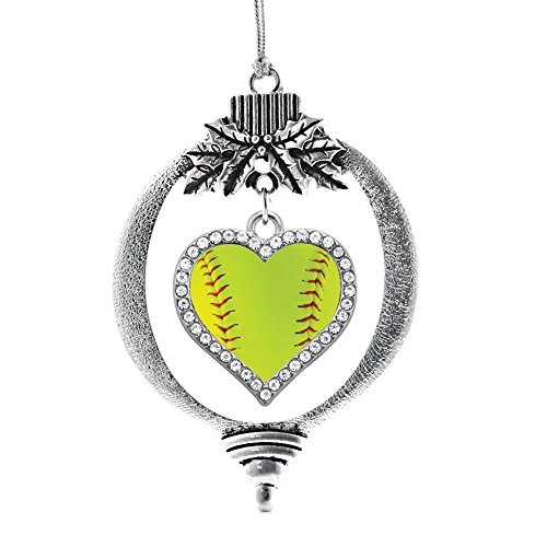 Softball Charm Ornament - Silver Open Heart Holiday Ornaments