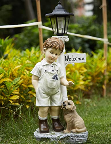 Solar Boy Statue Welcome Sign Garden Statues with Solar LED Light