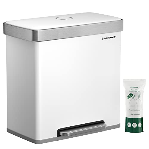 SONGMICS Kitchen, 16 Gallon (2 x 8 Gallon) Dual Compartment Garbage Can, 60L Pedal Recycling Bin, Stay-Open Lid and Soft Closure, Stainless Steel, 15 Trash Bags Included, White ULTB202W01