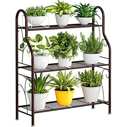 SORCEDAS Plant Stand Indoor Outdoor Plant Stands 3 Tier Metal Corner Plant Shelf Multiple Holder for Living Room Balcony Garden, Bronze