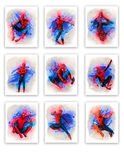 Spiderman Superhero Watercolor Art Prints (Unframed) | Great Gift Set of 9 (8x10) | Perfect for Boys Room Decor