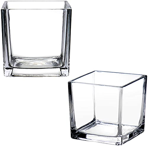 Square Glass Vase Clear Flower Decorative Centerpiece for Home or Wedding, Candle Holder, 5" x 5", Set of 2