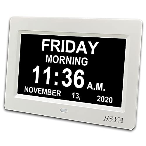 SSYA Digital Calendar Alarm Clock - 12 Alarm Options, Level 5 Auto Dimmable, Dementia Clocks for Vision Impaired, Elderly, Memory Loss Clock with Non-Abbreviated Clock with Date and Day (7 inch)