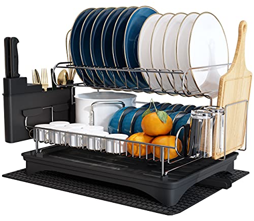 Stainless Steel 2 Tier Dish Drying Rack with Auto-draining Tray