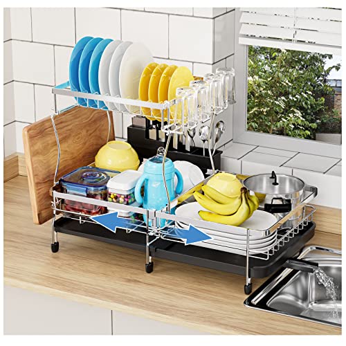 Sanno Dish Rack Over Sink, Expandable Dish Drying Rack, Adjustable Dish Drainer on Counter with Utensil Silverware Storage Holder, Rustproof Stainless
