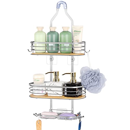 Stainless Steel Hanging Shower Caddy with Bamboo Basket and Hooks