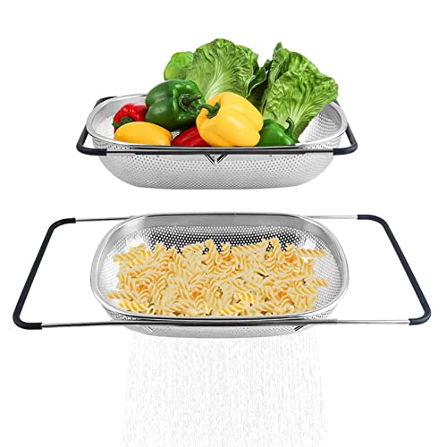 Stainless Steel Over-The-Sink Colander with Expandable Rubber Grip Handles