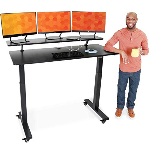 Stand Steady Tranzendesk Power | 55 Inch Electric Standing Desk with Built-In Charging | Height Adjustable Stand Up Desk with Clamp On Shelf | Electronic Desk with 1 AC Outlet & 2 USB Ports (55/Black)