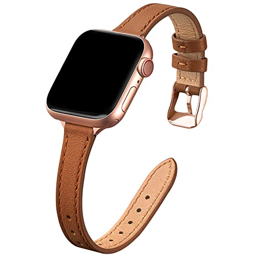 STIROLL Slim Leather Bands Compatible with Apple Watch Band 38mm 40mm 41mm 42mm 44mm 45mm 49mm,Top Grain Leather Watch Thin Wristband for iWatch Ultra SE Series 8/7/6/5/4/3/2/1(Brown with Rose Gold)
